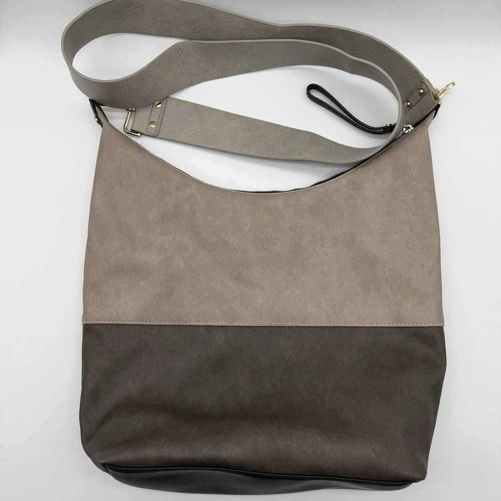 Calvin Klein Elaine Hobo Large Shoulder Bag Slouchy Hobo Wide Strap Gray Combo